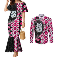Pink Taniko Motif Aotearoa Manaia and Silver Fern Couples Matching Mermaid Dress and Long Sleeve Button Shirt LT03 Pink - Polynesian Pride