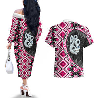 Pink Taniko Motif Aotearoa Manaia and Silver Fern Couples Matching Off The Shoulder Long Sleeve Dress and Hawaiian Shirt