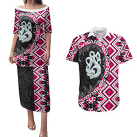 Pink Taniko Motif Aotearoa Manaia and Silver Fern Couples Matching Puletasi and Hawaiian Shirt LT03 Pink - Polynesian Pride