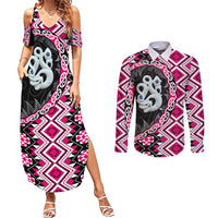 Pink Taniko Motif Aotearoa Manaia and Silver Fern Couples Matching Summer Maxi Dress and Long Sleeve Button Shirt LT03 Pink - Polynesian Pride