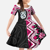 Pink Taniko Motif Aotearoa Manaia and Silver Fern Family Matching Off The Shoulder Long Sleeve Dress and Hawaiian Shirt