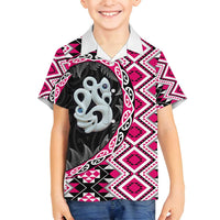 Pink Taniko Motif Aotearoa Manaia and Silver Fern Family Matching Off Shoulder Maxi Dress and Hawaiian Shirt LT03 Son's Shirt Pink - Polynesian Pride