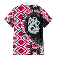Pink Taniko Motif Aotearoa Manaia and Silver Fern Family Matching Off Shoulder Short Dress and Hawaiian Shirt LT03 - Polynesian Pride