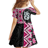 Pink Taniko Motif Aotearoa Manaia and Silver Fern Family Matching Short Sleeve Bodycon Dress and Hawaiian Shirt LT03 - Polynesian Pride