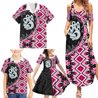 Pink Taniko Motif Aotearoa Manaia and Silver Fern Family Matching Summer Maxi Dress and Hawaiian Shirt LT03 - Polynesian Pride