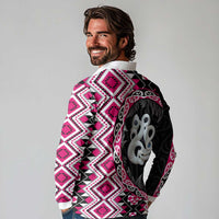 Pink Taniko Motif Aotearoa Manaia and Silver Fern Long Sleeve Polo Shirt LT03 - Polynesian Pride