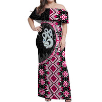 Pink Taniko Motif Aotearoa Manaia and Silver Fern Off Shoulder Maxi Dress