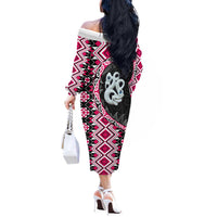 Pink Taniko Motif Aotearoa Manaia and Silver Fern Off The Shoulder Long Sleeve Dress