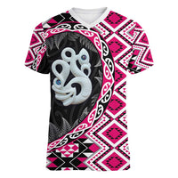 Pink Taniko Motif Aotearoa Manaia and Silver Fern Women V-Neck T-Shirt LT03 Female Pink - Polynesian Pride