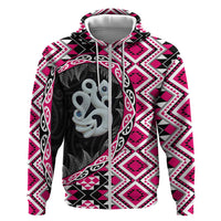 Pink Taniko Motif Aotearoa Manaia and Silver Fern Zip Hoodie