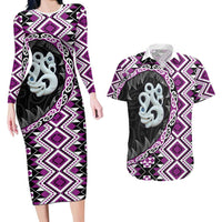 Purple Taniko Motif Aotearoa Manaia and Silver Fern Couples Matching Long Sleeve Bodycon Dress and Hawaiian Shirt LT03 Purple - Polynesian Pride