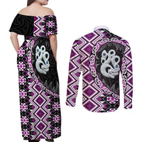 Purple Taniko Motif Aotearoa Manaia and Silver Fern Couples Matching Off Shoulder Maxi Dress and Long Sleeve Button Shirt LT03 - Polynesian Pride