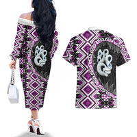 Purple Taniko Motif Aotearoa Manaia and Silver Fern Couples Matching Off The Shoulder Long Sleeve Dress and Hawaiian Shirt