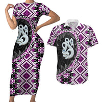 Purple Taniko Motif Aotearoa Manaia and Silver Fern Couples Matching Short Sleeve Bodycon Dress and Hawaiian Shirt LT03 Purple - Polynesian Pride