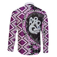 Purple Taniko Motif Aotearoa Manaia and Silver Fern Family Matching Long Sleeve Bodycon Dress and Hawaiian Shirt LT03 - Polynesian Pride