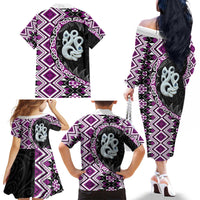 Purple Taniko Motif Aotearoa Manaia and Silver Fern Family Matching Off The Shoulder Long Sleeve Dress and Hawaiian Shirt