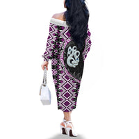 Purple Taniko Motif Aotearoa Manaia and Silver Fern Family Matching Off The Shoulder Long Sleeve Dress and Hawaiian Shirt