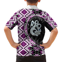 Purple Taniko Motif Aotearoa Manaia and Silver Fern Family Matching Short Sleeve Bodycon Dress and Hawaiian Shirt LT03 - Polynesian Pride