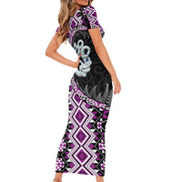 Purple Taniko Motif Aotearoa Manaia and Silver Fern Family Matching Short Sleeve Bodycon Dress and Hawaiian Shirt LT03 - Polynesian Pride