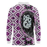 Purple Taniko Motif Aotearoa Manaia and Silver Fern Long Sleeve Polo Shirt LT03 - Polynesian Pride