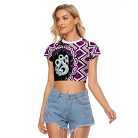 Purple Taniko Motif Aotearoa Manaia and Silver Fern Raglan Cropped T Shirt LT03 Female Purple - Polynesian Pride