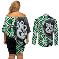 Green Taniko Motif Aotearoa Manaia and Silver Fern Couples Matching Off Shoulder Short Dress and Long Sleeve Button Shirt LT03 - Polynesian Pride