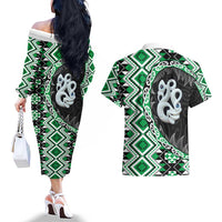 Green Taniko Motif Aotearoa Manaia and Silver Fern Couples Matching Off The Shoulder Long Sleeve Dress and Hawaiian Shirt