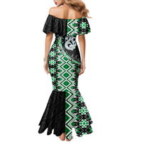 Green Taniko Motif Aotearoa Manaia and Silver Fern Family Matching Mermaid Dress and Hawaiian Shirt LT03 - Polynesian Pride