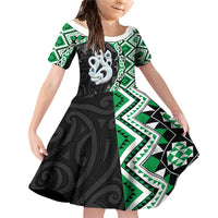 Green Taniko Motif Aotearoa Manaia and Silver Fern Family Matching Off Shoulder Short Dress and Hawaiian Shirt LT03 Daughter's Dress Green - Polynesian Pride