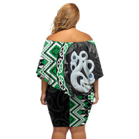 Green Taniko Motif Aotearoa Manaia and Silver Fern Family Matching Off Shoulder Short Dress and Hawaiian Shirt LT03 - Polynesian Pride