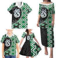 Green Taniko Motif Aotearoa Manaia and Silver Fern Family Matching Puletasi and Hawaiian Shirt LT03 - Polynesian Pride