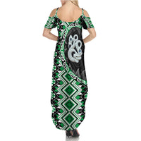 Green Taniko Motif Aotearoa Manaia and Silver Fern Family Matching Summer Maxi Dress and Hawaiian Shirt LT03 - Polynesian Pride