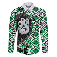 Green Taniko Motif Aotearoa Manaia and Silver Fern Family Matching Tank Maxi Dress and Hawaiian Shirt LT03 Dad's Shirt - Long Sleeve Green - Polynesian Pride
