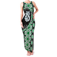 Green Taniko Motif Aotearoa Manaia and Silver Fern Family Matching Tank Maxi Dress and Hawaiian Shirt LT03 Mom's Dress Green - Polynesian Pride