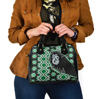 Green Taniko Motif Aotearoa Manaia and Silver Fern Shoulder Handbag