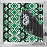 Green Taniko Motif Aotearoa Manaia and Silver Fern Shower Curtain