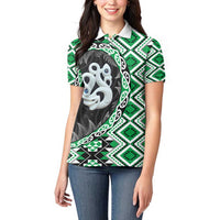 Green Taniko Motif Aotearoa Manaia and Silver Fern Women Polo Shirt