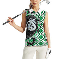 Green Taniko Motif Aotearoa Manaia and Silver Fern Women Sleeveless Polo Shirt LT03 - Polynesian Pride