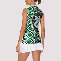 Green Taniko Motif Aotearoa Manaia and Silver Fern Women Sleeveless Polo Shirt LT03 - Polynesian Pride
