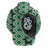 Green Taniko Motif Aotearoa Manaia and Silver Fern Zip Hoodie