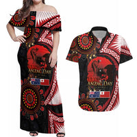 Tonga and Australia ANZAC Day Couples Matching Off Shoulder Maxi Dress and Hawaiian Shirt Aboriginal and Ngatu Art Pattern - Gallipoli Lest We Forget LT03 Black - Polynesian Pride