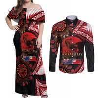 Tonga and Australia ANZAC Day Couples Matching Off Shoulder Maxi Dress and Long Sleeve Button Shirt Aboriginal and Ngatu Art Pattern - Gallipoli Lest We Forget LT03 Black - Polynesian Pride