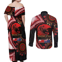 Tonga and Australia ANZAC Day Couples Matching Off Shoulder Maxi Dress and Long Sleeve Button Shirt Aboriginal and Ngatu Art Pattern - Gallipoli Lest We Forget LT03 - Polynesian Pride