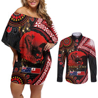Tonga and Australia ANZAC Day Couples Matching Off Shoulder Short Dress and Long Sleeve Button Shirt Aboriginal and Ngatu Art Pattern - Gallipoli Lest We Forget LT03 Black - Polynesian Pride