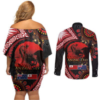 Tonga and Australia ANZAC Day Couples Matching Off Shoulder Short Dress and Long Sleeve Button Shirt Aboriginal and Ngatu Art Pattern - Gallipoli Lest We Forget LT03 - Polynesian Pride
