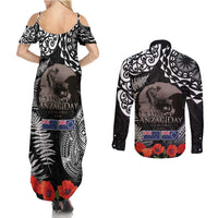 New Zealand and Cook Islands ANZAC Day Couples Matching Summer Maxi Dress and Long Sleeve Button Shirt Gallipoli Lest We Forget Tatau Art Tribal and Maori Tattoo with Fern