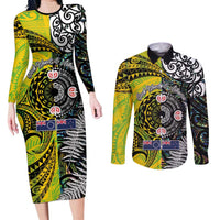 New Zealand and Cook Islands Together Couples Matching Long Sleeve Bodycon Dress and Long Sleeve Button Shirt Tatau Art Tribal Pattern-Maori Tattoo with Fern and Paua Shell