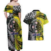 New Zealand and Cook Islands Together Couples Matching Off Shoulder Maxi Dress and Hawaiian Shirt Tatau Art Tribal Pattern-Maori Tattoo with Fern and Paua Shell