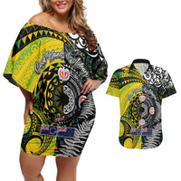 New Zealand and Cook Islands Together Couples Matching Off Shoulder Short Dress and Hawaiian Shirt Tatau Art Tribal Pattern-Maori Tattoo with Fern and Paua Shell