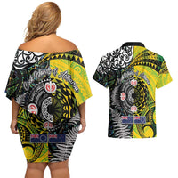 New Zealand and Cook Islands Together Couples Matching Off Shoulder Short Dress and Hawaiian Shirt Tatau Art Tribal Pattern-Maori Tattoo with Fern and Paua Shell